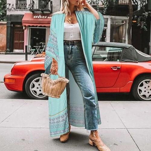 ZANZEA Women Summer Blouse Bohemian Floral Printed 3/4 Sleeve Beach Cardigan Kimono Cover Up Casual Open Front Holiday Long Tops