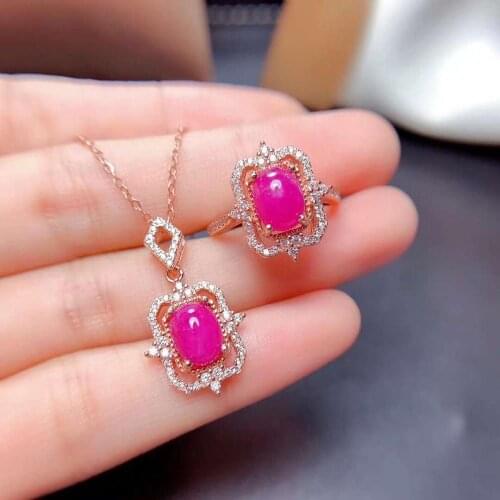Natural Ruby Red Coral Square Ring Face Pendant Necklace Ring Set S925 Sterling Silver Fashion Fine Jewelry for Women MeibaPJFS