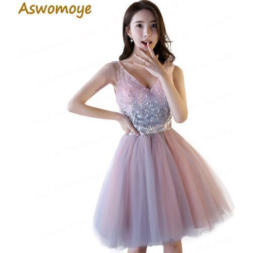 2018 New Elegant Homecoming Dresses V-neck Appliques Sequined Pink Party Dresses Backless Lace Up Coctel Dress robe de soiree