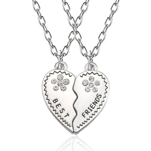 2 pcs/set Broken Heart Carved Best Friends Charm Pendant Necklaces BFF Silver Color Crystal Statement Friendship Necklaces