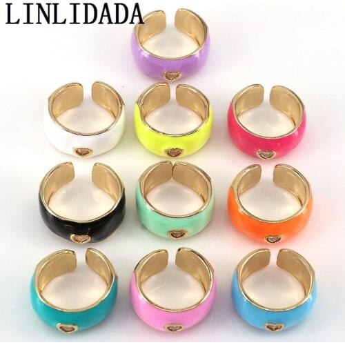 8Pcs 2021 Dripping Oil Rainbow Cute Zircon Heart Enamel Open Rings Fashion Gold Plated Metal Rings jewelry for lady women girls