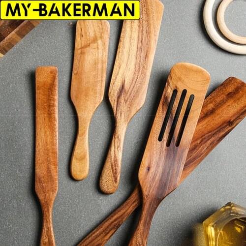 1-5pcs Slotted Spurtle Spatula Sets for Stirring Natural Teak Kitchen Utensil Set Heat Resistant Non Stick Wood Cookware