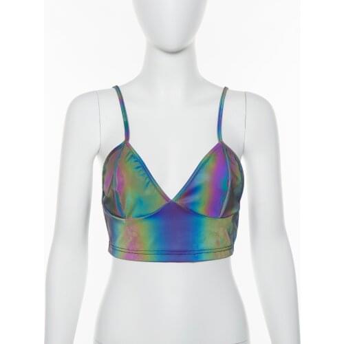 Women Sexy Holographic Bralette Top Reflective Strap Camis Girls Casual Spaghetti Straps Backless Tanks S-L