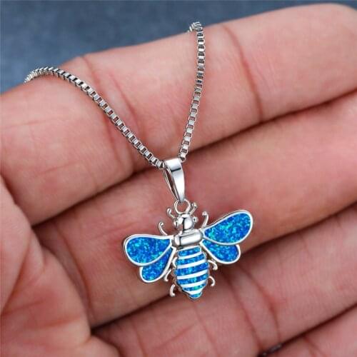 Classic Small Bee Pendant For Women Silver Color Chain Necklace Dainty Bridal Blue Imitation Opal Wedding Necklaces For Women