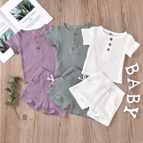 2Pcs Clothes Set Boys Summer Clothing Baby Boys Girls Cotton Solid Button T-shirts Tops+Striped Shorts Outfits