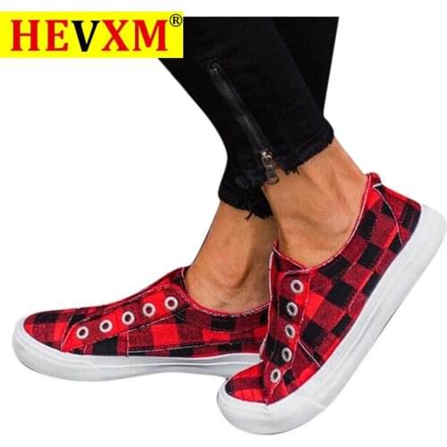 HEVXM Womens Vulcanized Shoes Women Sneakers Casual Comfort Flats Plaid Woman Fashion Slip On Flat Platform Ladies Footware