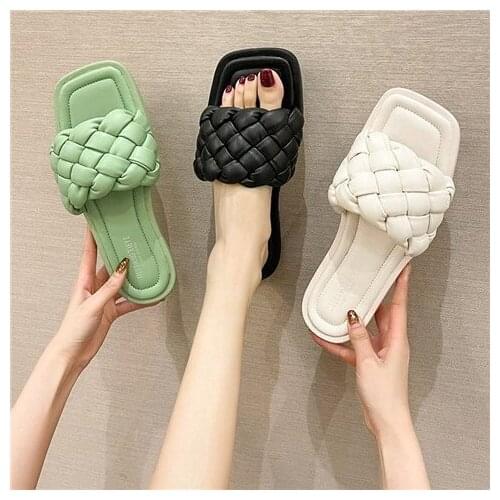 Summer Braided Leather Slippers Brand Designer Slippers Ladies Short Flat Shoes Sandals Shoes Women Open-toed Fashion Slippers