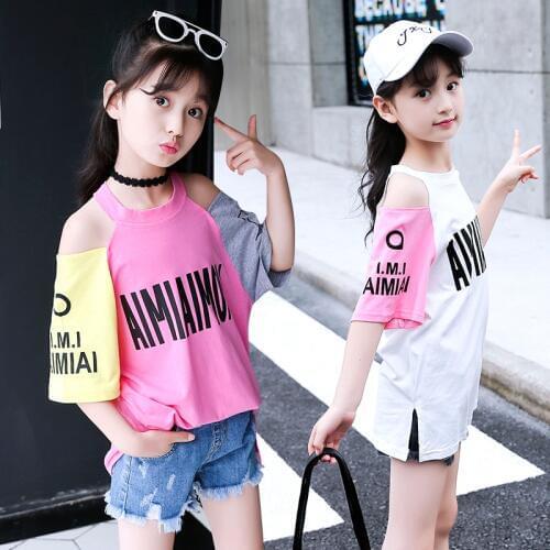 Summer Kids Tshirt Cotton Off Shoulder Short Sleeve Tops for Children Girl Fashion Teenage Long T-shirt Toddler Clothes 6 10 12Y