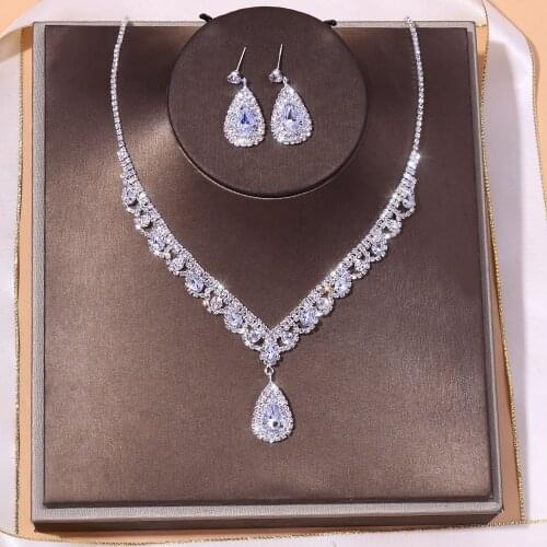 StoneFans Crystal Ab Charm Water Drop Necklace Earrings Set For Femme Party Waterdrop Rhinestone Earrings Set Birthday Gifts U70