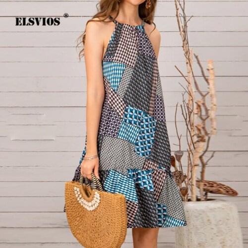 New Summer Halterneck Dress Sexy Off Shoulder Sleeveless Vintage Printed Dress Lady Fashion Bohemian Beach Dresses Vestidos 2021