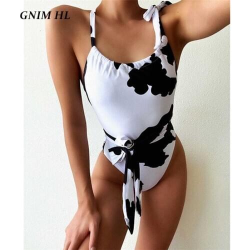 GNIM Sexy Swimwear Women One Piece Cow Print Bandage Swimsuit Female Vintage Monokini Swim Bathing Suit Biquini Set New