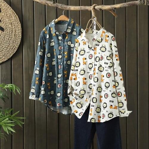 Cute Pretty Carttoon Giraffe Lion Pattern Women Shirt Blouse Long Sleeve Lapel Tops Blusas Spring Kawaii Students Casual 2021