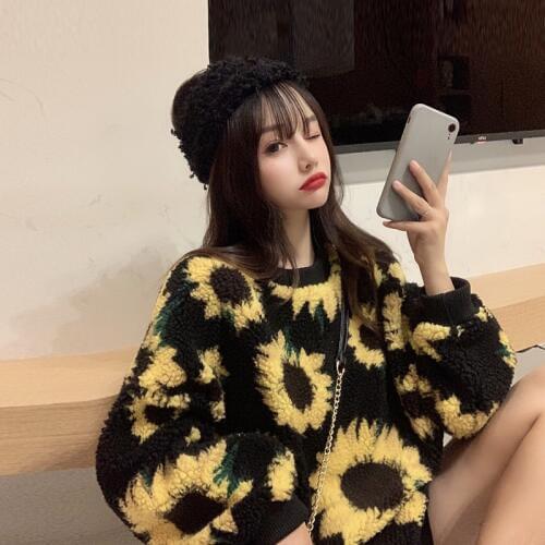 Ins Wool Sweaters Women Autumn and Winter Sunflower Knitted Long Sleeve Jumpers Round Collar Loose Outerwear Girls Cute Pullover