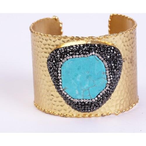 Charms blue tstone pave rhinestone bead adjustable gold color open big wide wrap hammered bracelet bangle cuff for women luxury