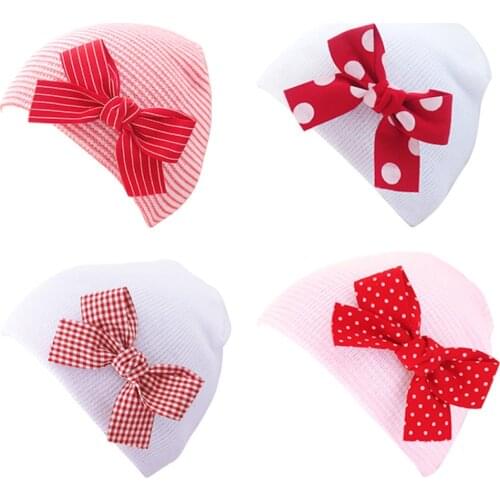 Newborn Baby Knit Hat with Fabric Bow Infant Hospital Hat 0-3 Months Baby Warm Beanie Bows for Headwear Knitted Head wrap