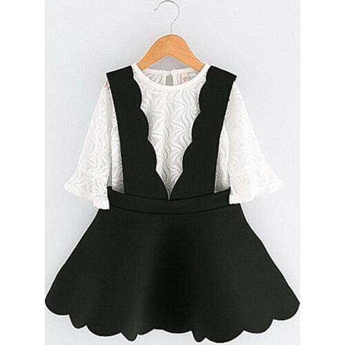 2020 spring children girls new white lace T-shirt + black fashion space cotton dress clothing set 3-8 years