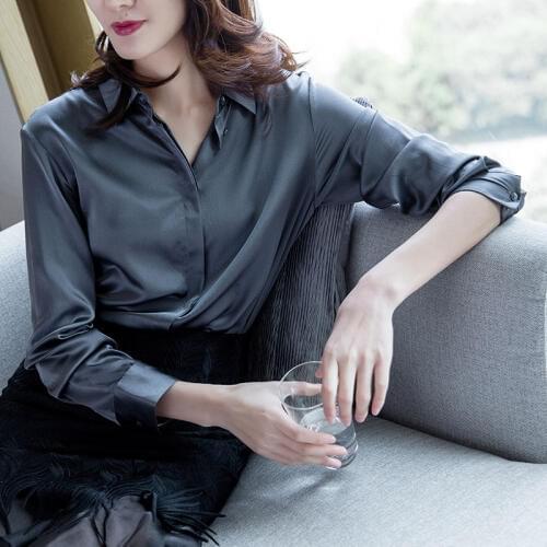 2019 Spring Office Lady Women Slim Grey Long Sleeve Tops And Blouses , Woman Womens Imitation Silk Blouse Top Shirt With Collars
