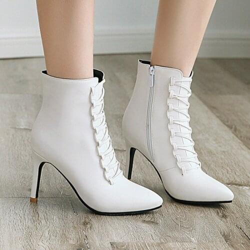 Spring Autumn Women Boots Sexy Thin High Heel Ankle Boots Fashion Cross Tied Zipper Woman Boots Shoes Big Size 34-46
