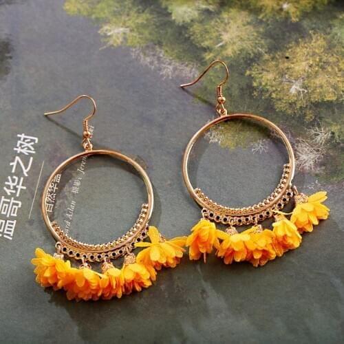 Summer Yellow Flower Earrings For Women Handmade Boho Gold Round Alloy Wedding tassel Earrings