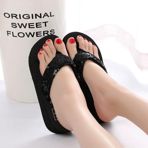 2020 Summer new sequined flip flops wedges with thick-soled home slippers beach shoes slippers women