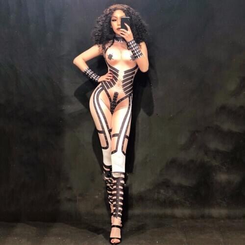 Women Black Grid Sexy Stage Jumpsuit Sleeveless Bodysuit Nightclub Party Stage Wear Singer Dj Ds Rave Dancer Costumes DNV12882