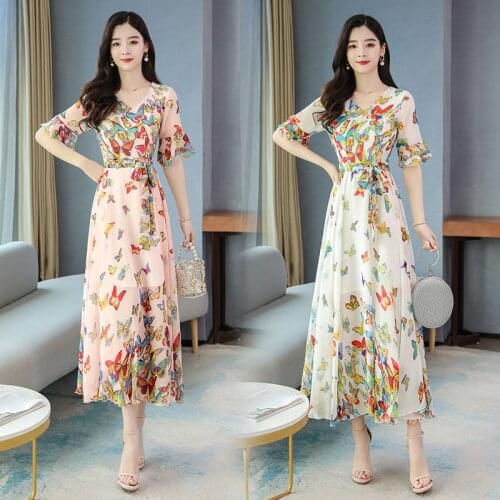 Women Maxi Floral Chiffon Dress Summer 2021 Runway Elegant Boho Vinatge Fairy Casual Beach Vacation Party Night long Vestido New