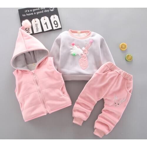 Winter warm Children Cartoon Clothes Baby Boy Girls Fashion Add velvet Vest T Shirt Pants 3Pcs/Sets Kids Casual Cotton Tracksuit