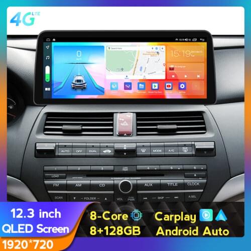 Android 10.0 6+128G DSP CarPlay+Auto Car Radio Multimedia Player For Honda Accord 8 2008 - 2012 12.3Inch 1920*720 QLED Screen BT
