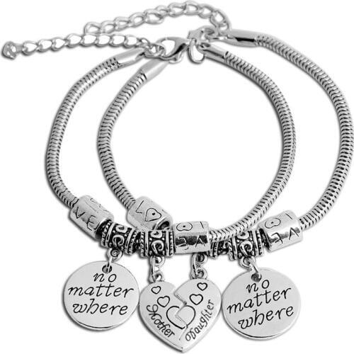 2PC/Set Mother And Daughter Bracelet Gift No Matter Where Broken Heart Charms Love Beads Chain Bangle Family Women Mom Jewelry