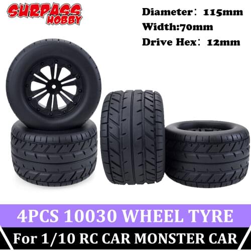 SURPASS HOBBY 1/10 4PCS Tyre Wheel Big Foot 115mm Monster Truck Tires Wheels 12mm Hub Hex for RC Car Crawler on Road ZD Racing