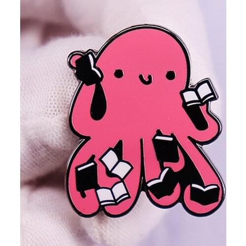 Pink Octopus Reading Books Brooch Pins Enamel Metal Badges Lapel Pin Brooches Jackets Jeans Fashion Jewelry Accessories
