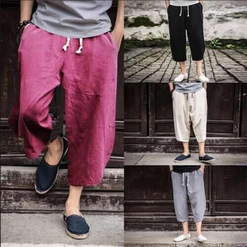 Calf-length men pants Cotton Linen Joggers Pants Solid Thin Sweatpants Male Trousers New Mens Sportswear