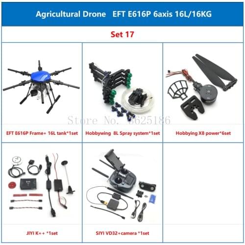 EFT E616P Six-axis 16L 16KG Agricultural Spray Drone Frame Kit Brushless Spray system with Hobbywing X8 Power FC VD32 T12 RC Kit