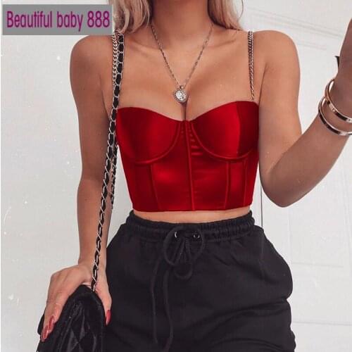 Meqeiss 2021 Summer Crop Top Women Sexy Bustier Top Blackless Chain Strap Padded Cropped Casual Satin Black Crop Tops Clothes