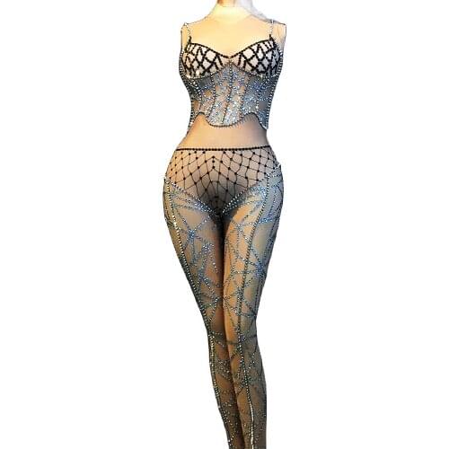 Fashion Long Sleeve Spandex Women Jumpsuit Sparkly Rhinestone Birthday Celebrate Party Costume Rivets Nightclub Dance Show Wear