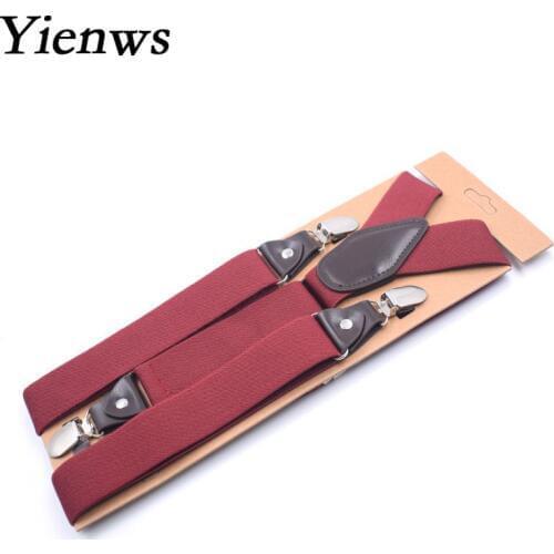 Yienws Bretels Mannen Leather Suspenders Men Burgundy Brace 3 Clip Trouser Strap Suspenders Man for Pant Navy Suspensorio YiA137
