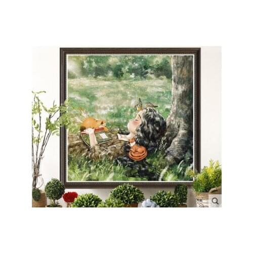 A nap under the tree of a forest girl cross stitch kit DMC brand thread count canvas fabric embroidery handmade needlework