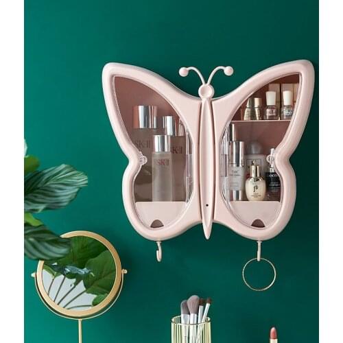 Makeup Organizer Wall-mounted Punch-free And Dust-proof Batterfly Large Capacity Cosmetic Storage Box Bathroom Shelf