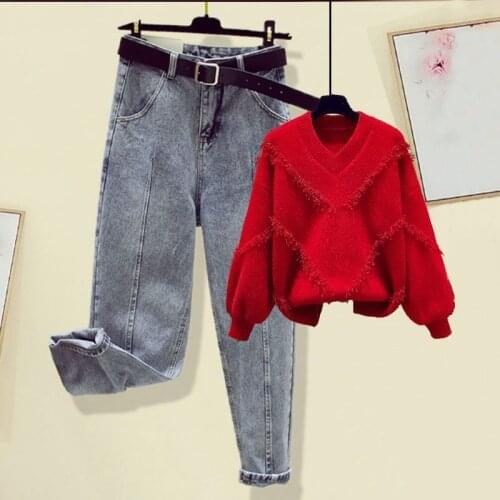2021 Autumn Winter Women Tracksuit Fashion Loose V-neck Sweatshirt and Belt Denim Pants Suits Female Casual 2 Pieces Sets Q669