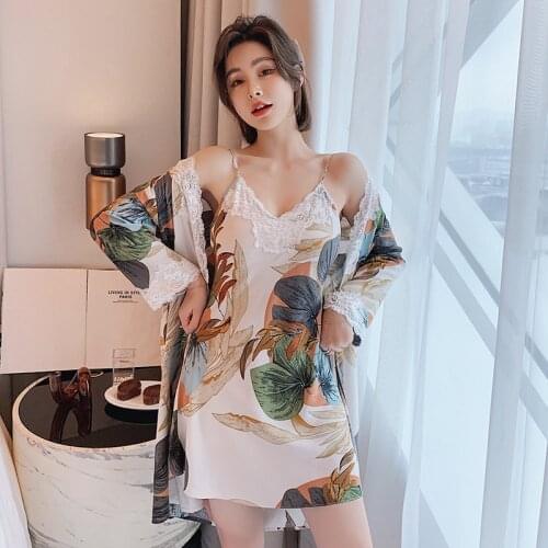 Summer Women Pajama Set Hawaii Style Bathrobe Tropical Plants Robe Nightgown Cotton Silk Dress Lace Home Wear Clothes Sleepwear