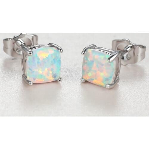 Simple Female White Opal Stone Earrings Charm Silver Color Small Stud Earrings Dainty Bride Square Wedding Earrings For Women