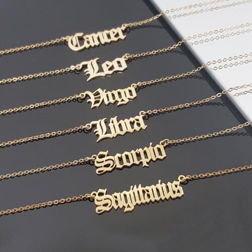 Old English Necklace Twelve Constellation Necklace Birthday Gifts Stainless Steel Jewelry Vintage Libra Leo Sagittarius Taurus