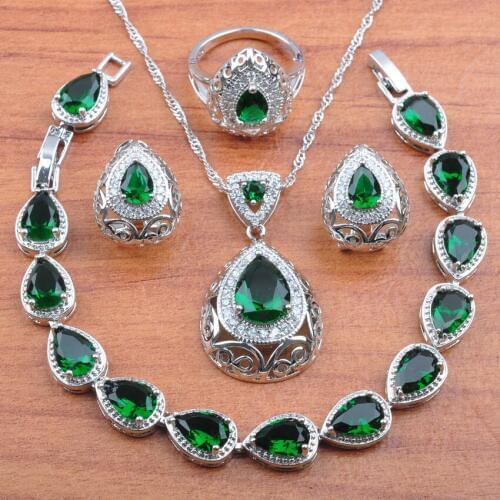 Dubai Wedding Costume Hollow Water Drop With Natural Stones CZ Green Jewelry Sets For Women Free Gift Box