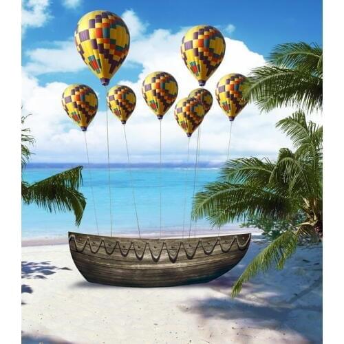 TR 5ftx7ft Photo Background Wooden Boat Sea Beach Sky Air Balloon Photography Backdrops Studio For Interior Photos Custom Size