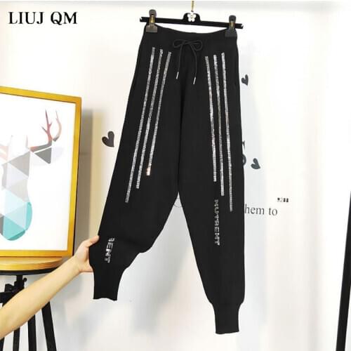 Knitted European Heavy Industry Hot Drilling High Waist Casual Pants Womens Loose Spring Autumn Black Pants Women 2021 New