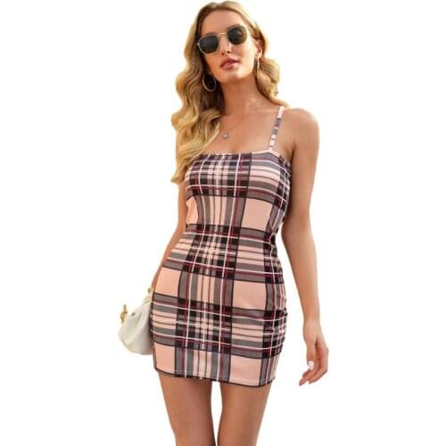 Witbuy Plaid Mini Camisole Summer Dresses For Women Sexy Square Collar Backless High Waist A-Line Casual Women Dress Elegant