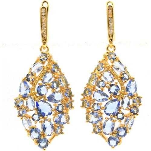 36x13mm Elegant Created Green Peridot Rich Blue Aquamarine White Cubic Zirconia Womans Silver Earrings