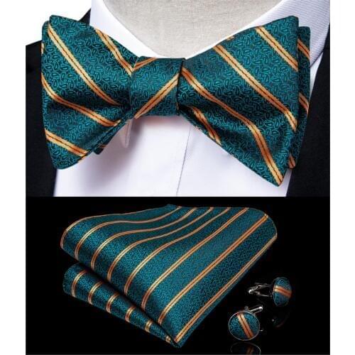 Green Gold Striped Bowtie for Men Silk Ajustable Butterfly Hanky Cufflink Bowtie Set for Wedding Party DiBanGu Designer JM-098