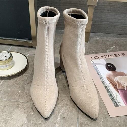 Womens Ankle Boots Winter Warm Plush Pump Shoes Square Heels Pointed Toe Female Shoes Party Casual Fashion Women Shoes 2021