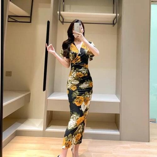 2021 Women Summer New Elegant Short Sleeve Printed Dresses Lady V Neck Slim Package Hip Pencil Dress Female Bodycon Vestido K229